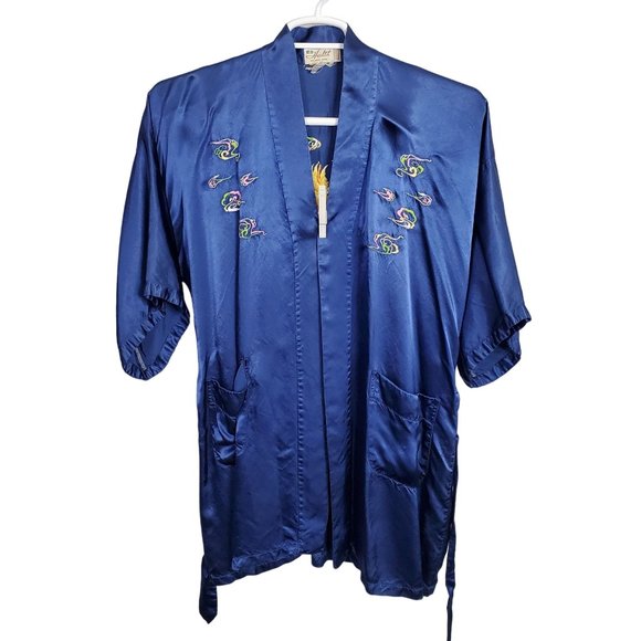 Health Shanghai Size M Kimono Robe Silky Rayon Embroidered Dragon Tie Belt Blue - Picture 2 of 14